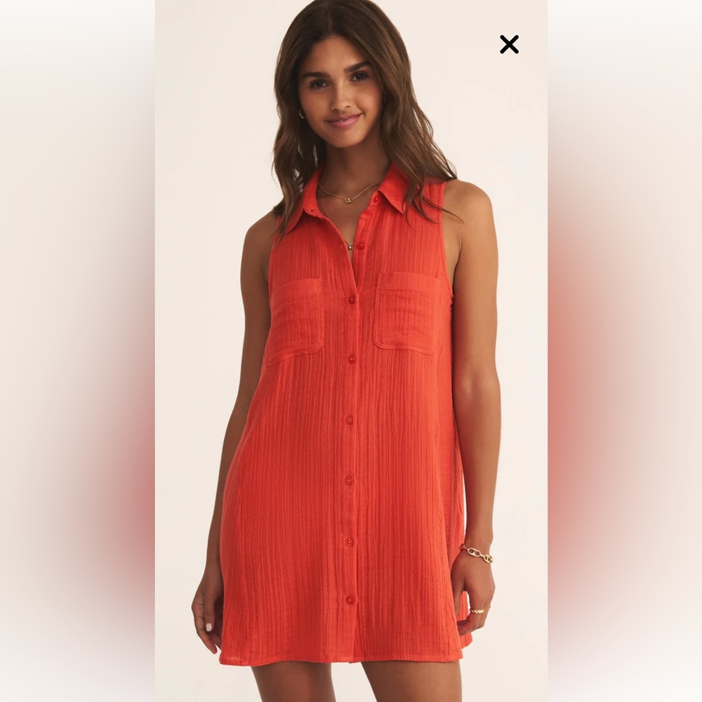 Z Supply Vibrant “Light Gauze Mini” Red-Orange Button-Down Dress